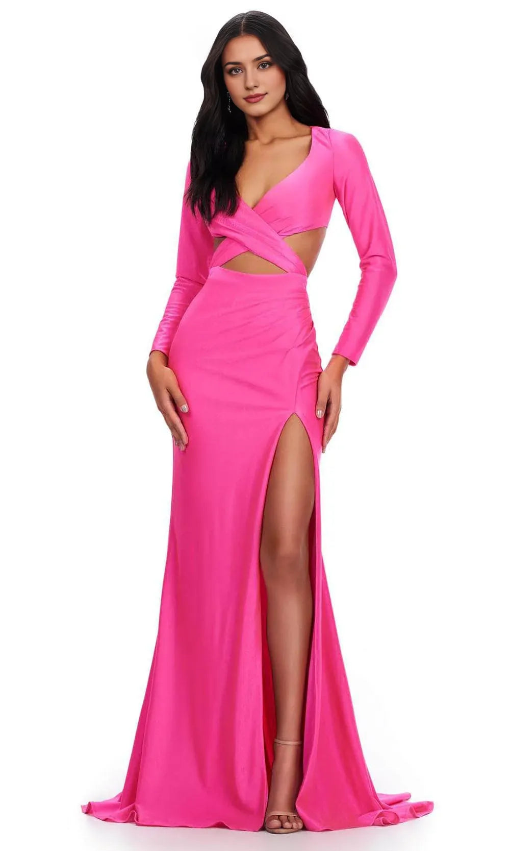 Robe de soirée pour femme, col en V, manches longues, découpe à la taille et fente latérale, robe de bal / Magasins de robes de bal